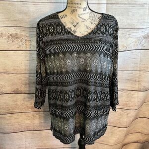 Chico’s Glittery Black Top Metallic 3/4 Sleeves Chicos 3 = XL Silver